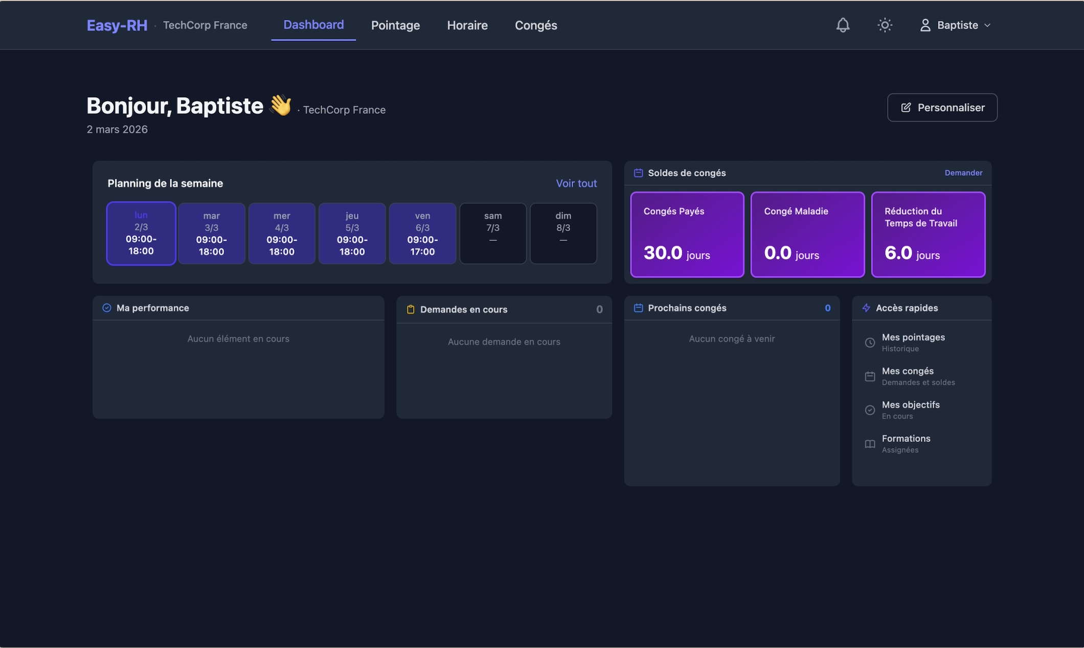 Dashboard employé Izi-RH